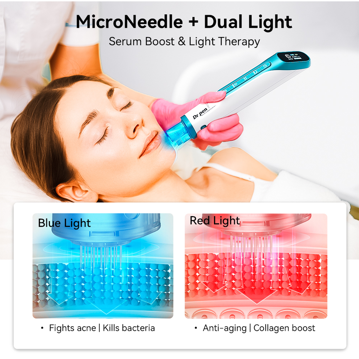 خيارات إضاءة LED الحمراء والزرقاء في Hydra Pen H6 مع عرض للاستخدام على الوجه