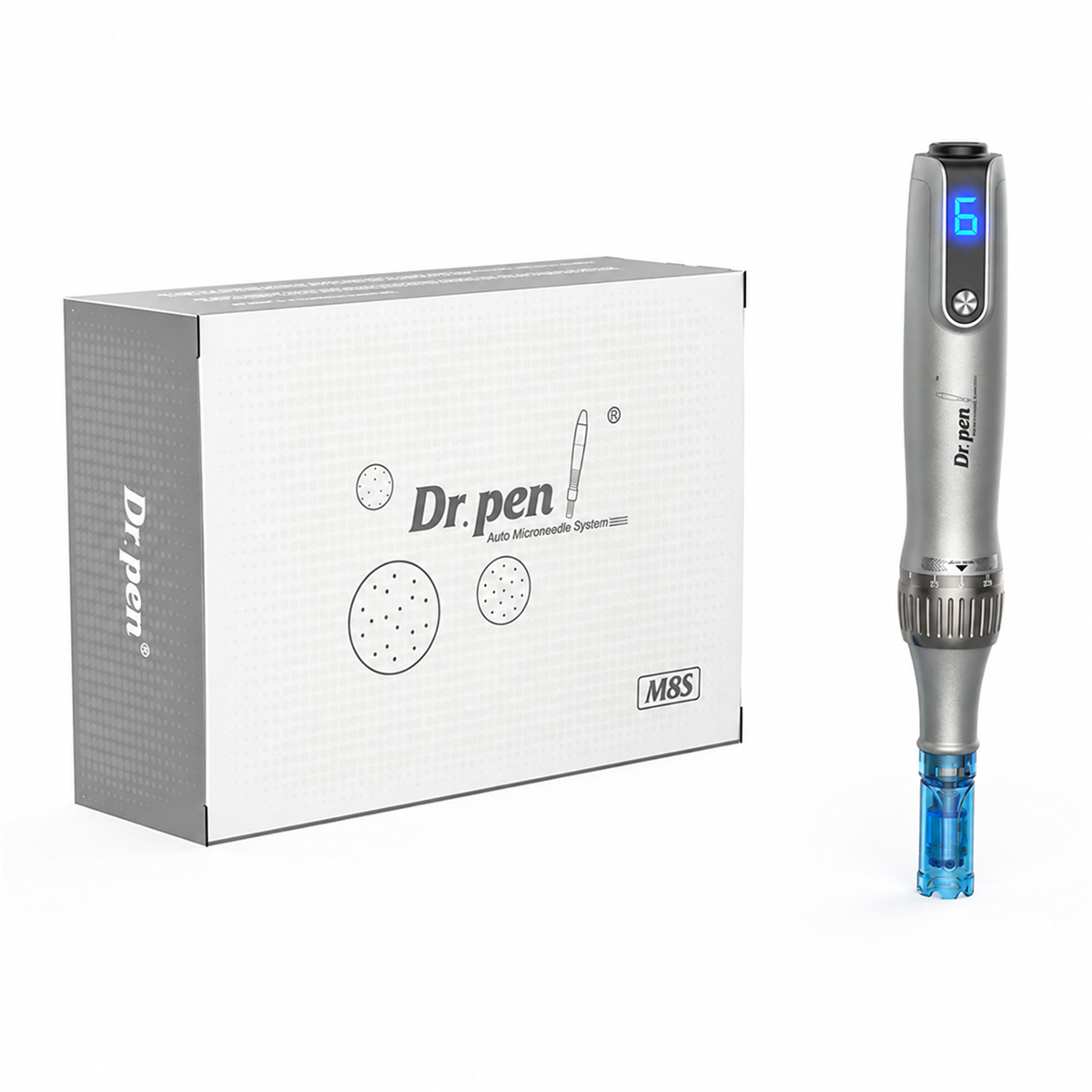 مقبض Dr. Pen M8s فضي مع خرطوشة زرقاء بجوار علبة M8S الأصلية