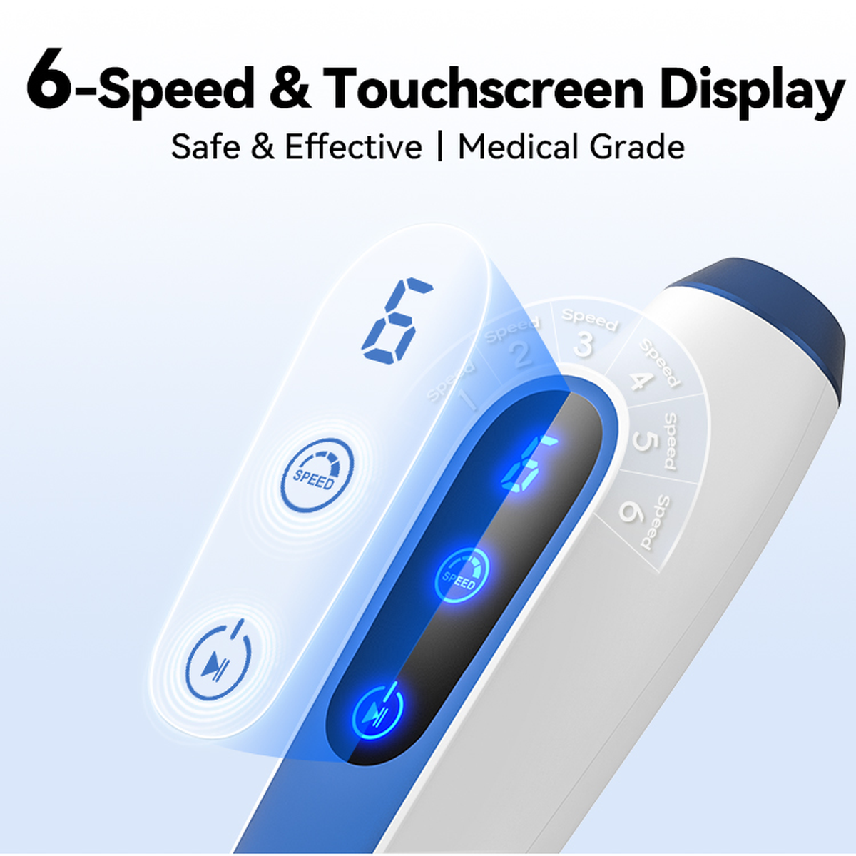 صورة مقربة لشاشة اللمس المضيئة والسرعات الست في ⁦Dr. Pen A11⁩