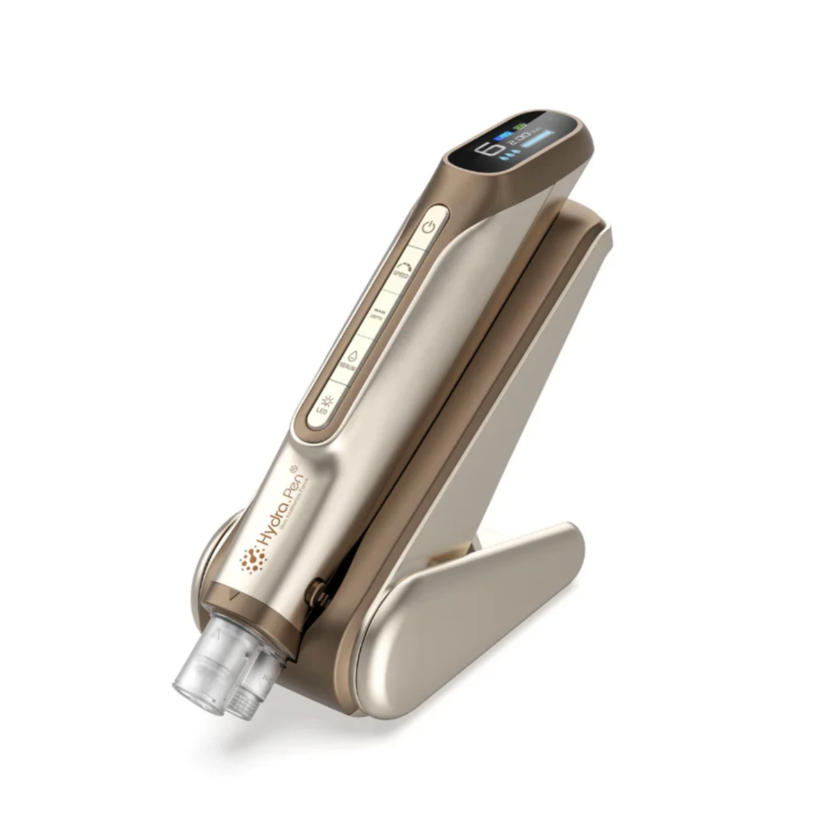 جهاز ⁦Hydra Pen H6⁩ باللون الذهبي الشامباني مع الخرطوشة المركبة وحامل المقبض المطابق