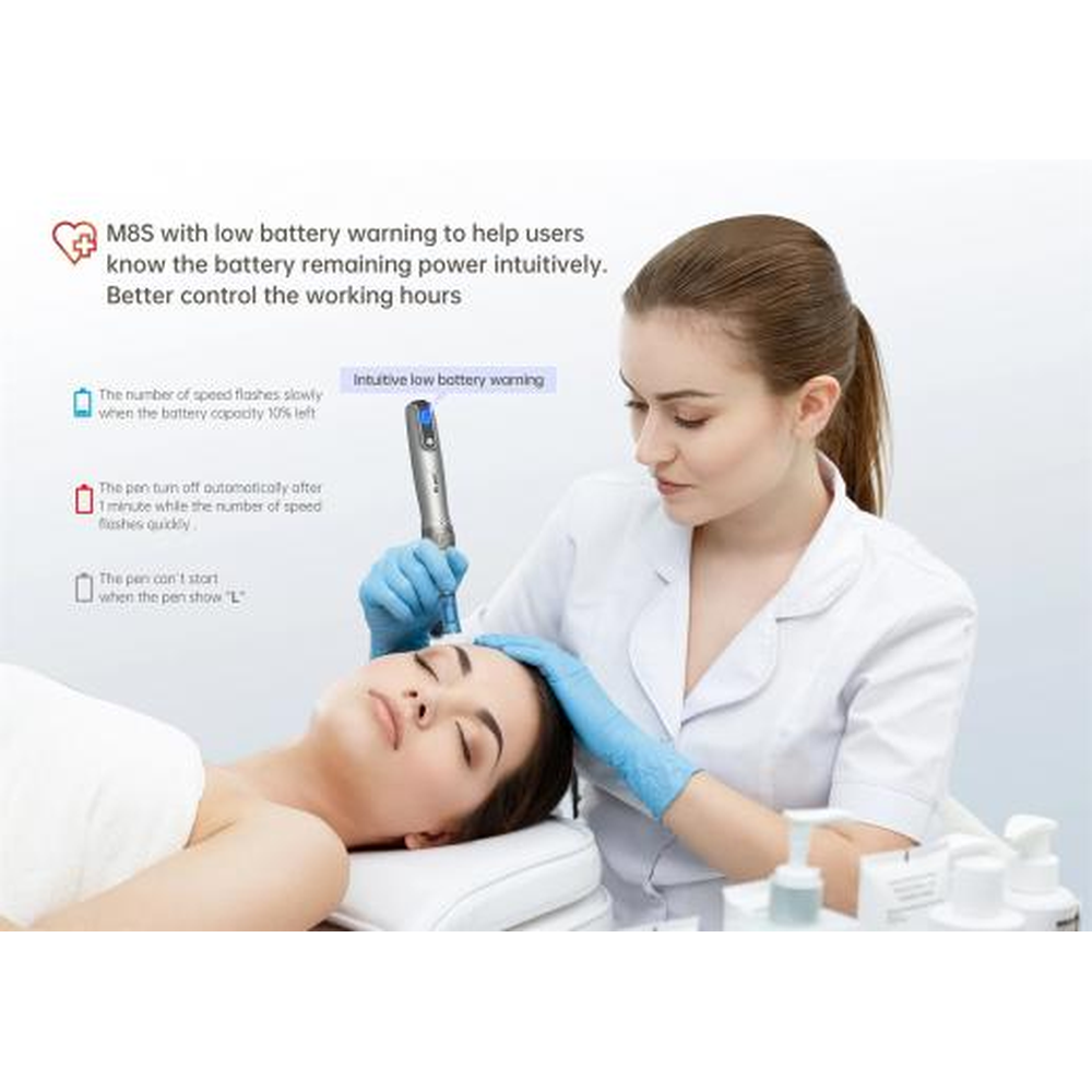 رسم لمؤشر انخفاض بطارية ⁦Dr. Pen M8s⁩ مع عرض للاستخدام المهني