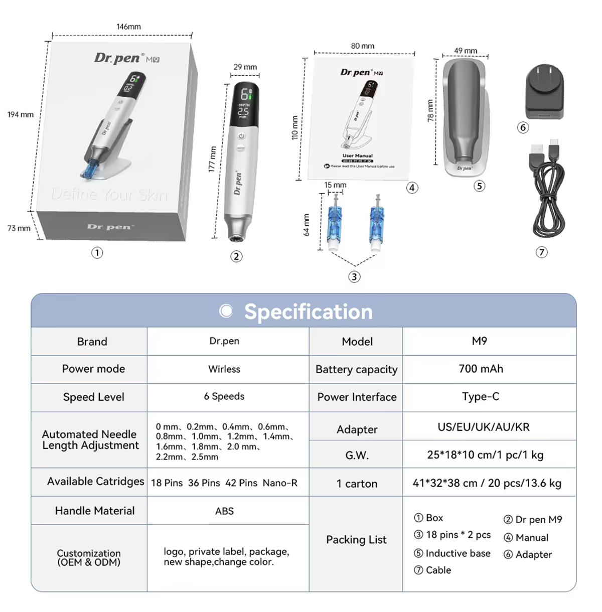 أبعاد ⁦Dr. Pen M9⁩ ومواصفاته وترتيب ملحقاته الأساسية
